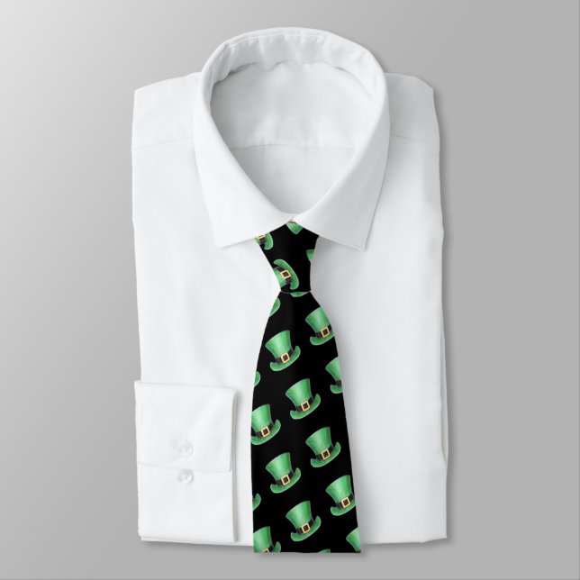 St Paddy's Day Green Top Hat Pattern on Black Tie (Tied)