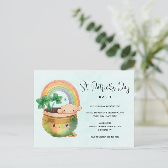 St. Paddy's Day Rainbow & Clover Party Invitation Postcard (Standing Front)
