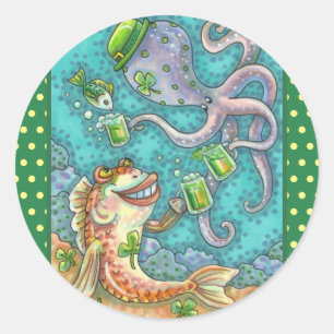 St. PADDY'S FISH AND OCTOPUS CHEERS TO GREEN BEER Classic Round Sticker
