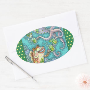 St. PADDY'S FISH AND OCTOPUS CHEERS TO GREEN BEER Oval Sticker