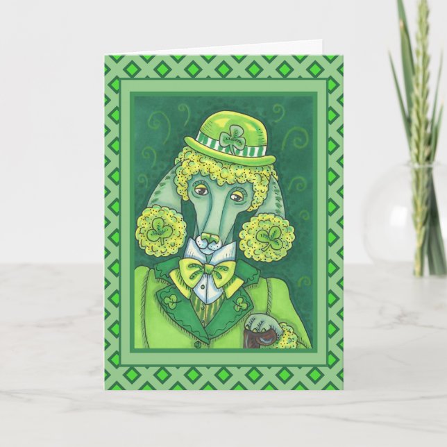 ST. PADDY'S IRISH GREEN FRENCH POODLE, LUCKY DOG HOLIDAY CARD (Front)