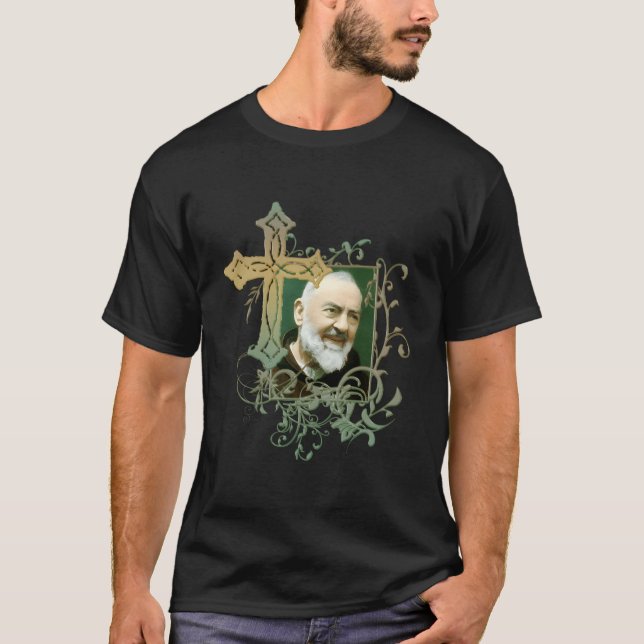 St Padre Pio Catholic Saints Prayer Cross T-Shirt (Front)