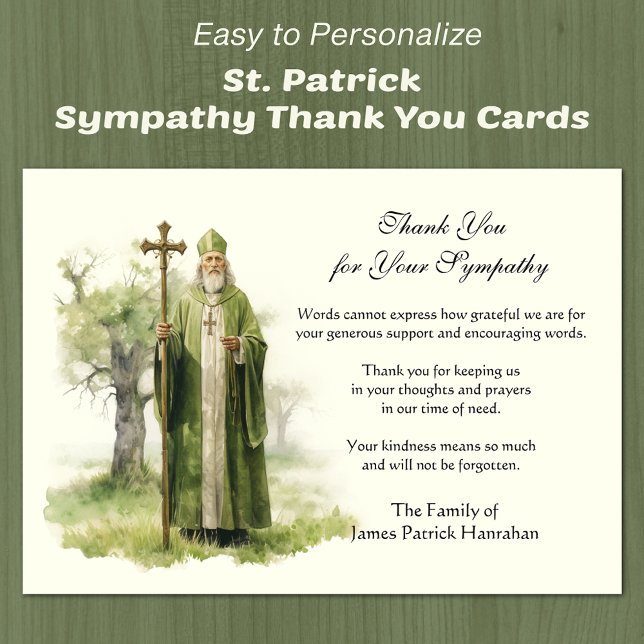 St. Patrick Catholic Irish Sympathy Condolence Thank You Card (Easy to Personalize St. Patrick Sympathy Thank you cards)