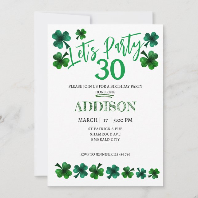 St Patrick Day Birthday Lets party shamrock adult Invitation (Front)