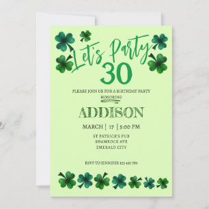 St Patrick Day Birthday Lets party shamrock adult Invitation