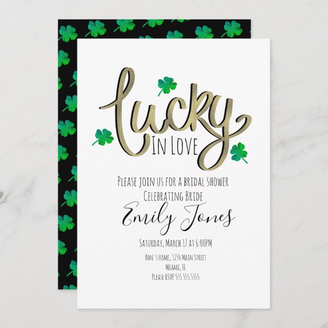 St Patrick Day Lucky In Love Gold Bridal Shower   Invitation (Front/Back)