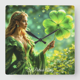 St Patrick Day mystical princess clover magic Square Wall Clock