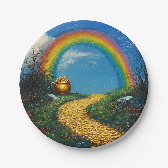 St. Patrick Day Rainbow & Pot of Gold Any Age Paper Plate (Front)