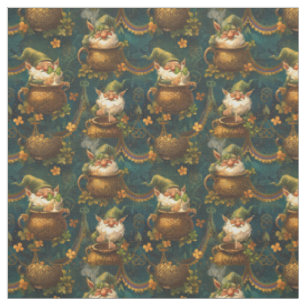 St. Patrick Gnome Pot Gold 4 Leaf Clover Pattern Fabric