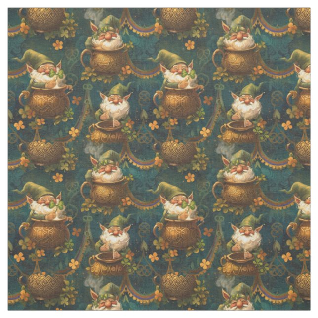 St. Patrick Gnome Pot Gold 4 Leaf Clover Pattern Fabric (Swatch)