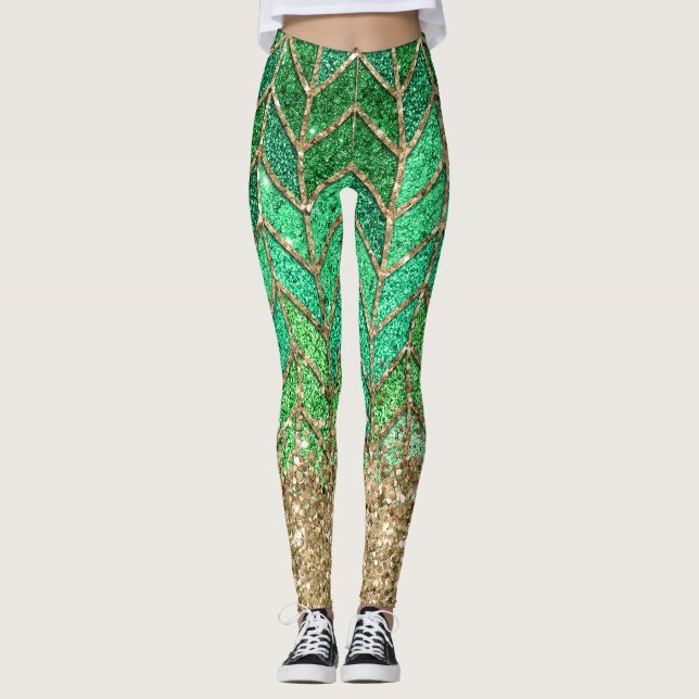 St Patrick Green Gradient Sparkle Glitter Gold Fun Leggings (Front)