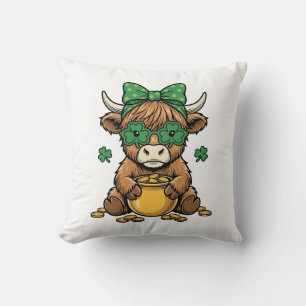 St Patrick Highland Cow Pot of Gold Vintage Art_1 Cushion