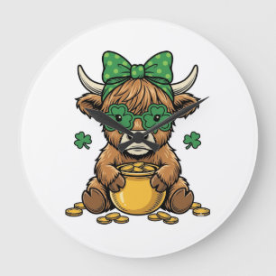 St Patrick Highland Cow Pot of Gold Vintage Art_1 Large Clock