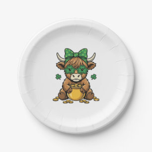 St Patrick Highland Cow Pot of Gold Vintage Art_1 Paper Plate