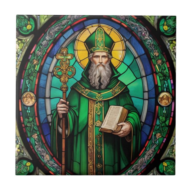 St Patrick Irish Patron Saint Stained Glass Tile (Front)
