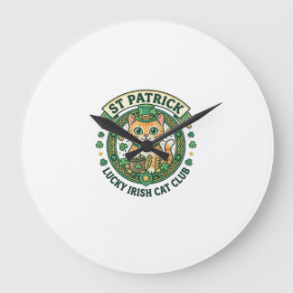 St Patrick Lucky Irish Cat Cute Cat T-Shirt Design Large Clock