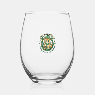 St Patrick Lucky Irish Cat Cute Cat T-Shirt Design Stemless Wine Glass