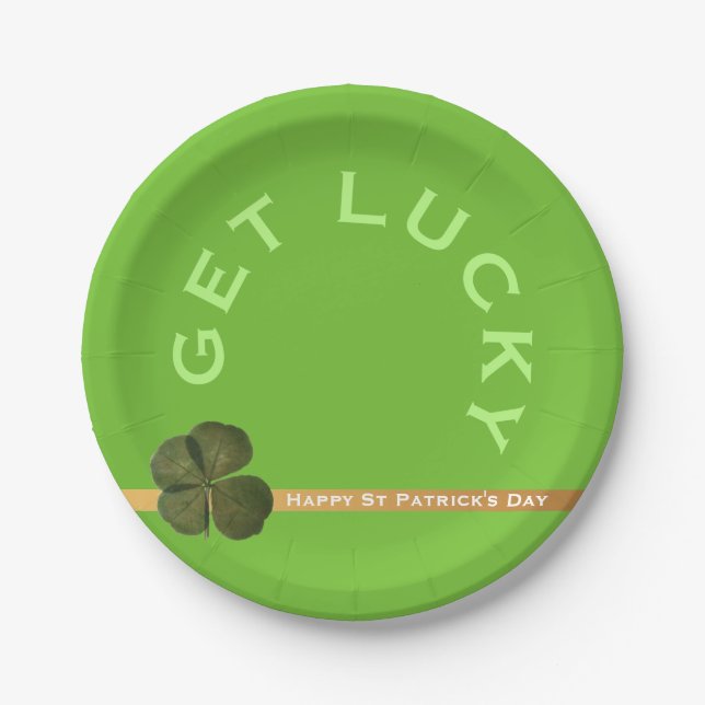 St Patrick Real 4 Leaf Clover Get Lucky Green PP Paper Plate (Front)