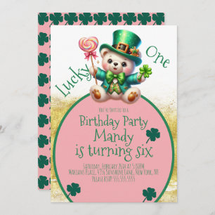 St.Patrick’s Day Bear Cute Girl Birthday Lucky One Invitation