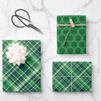 St.  Patrick’s Day Celtic Clover & Plaid Wrapping Paper Sheet