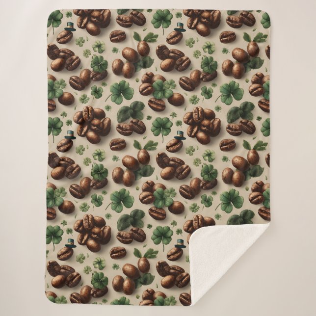 St. Patrick’s Day Coffee & Shamrock Pattern Sherpa Blanket (Front)