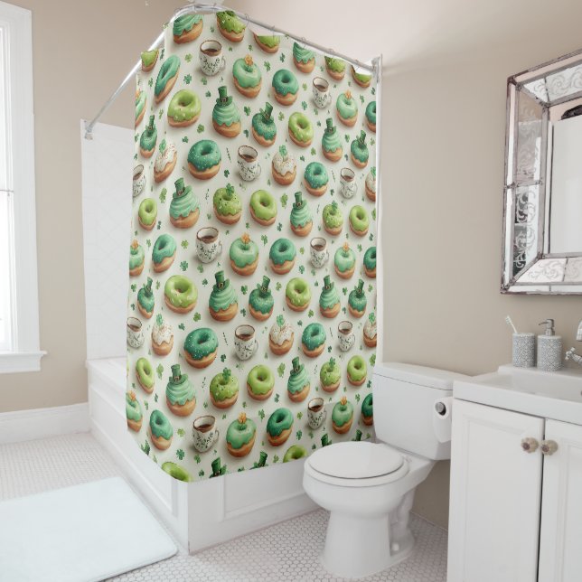 St. Patrick’s Day Donuts & Coffee Watercolor Shower Curtain (In Situ)