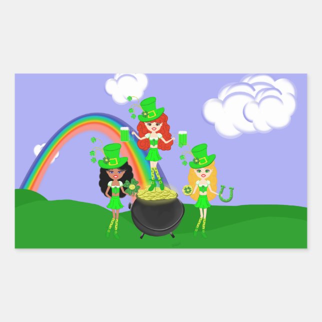 St Patrick’s Day Girl Leprechauns Rectangular Sticker (Front)