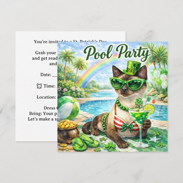 St. Patrick’s Day Glam Cat Pool Party  Invitation (Front/Back)