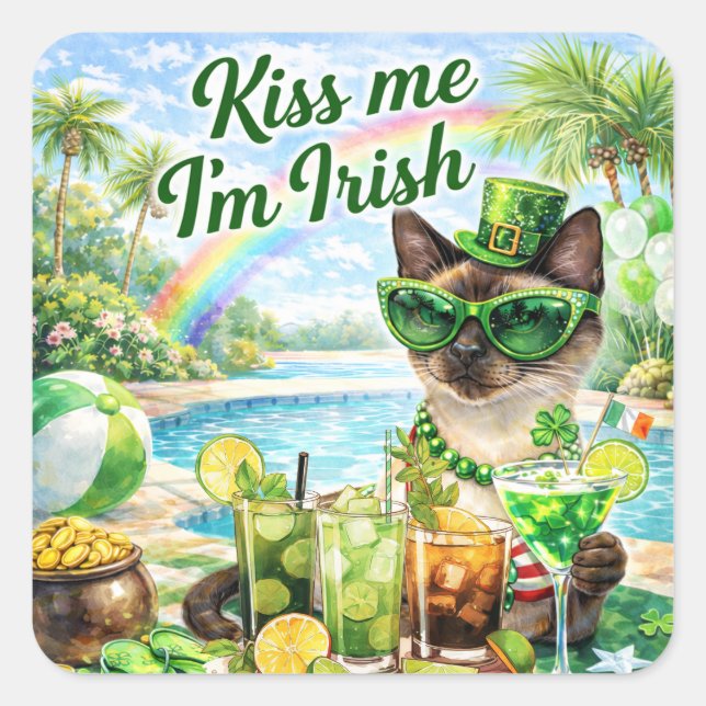 St. Patrick’s Day Glam Cat Pool Party  Square Sticker (Front)
