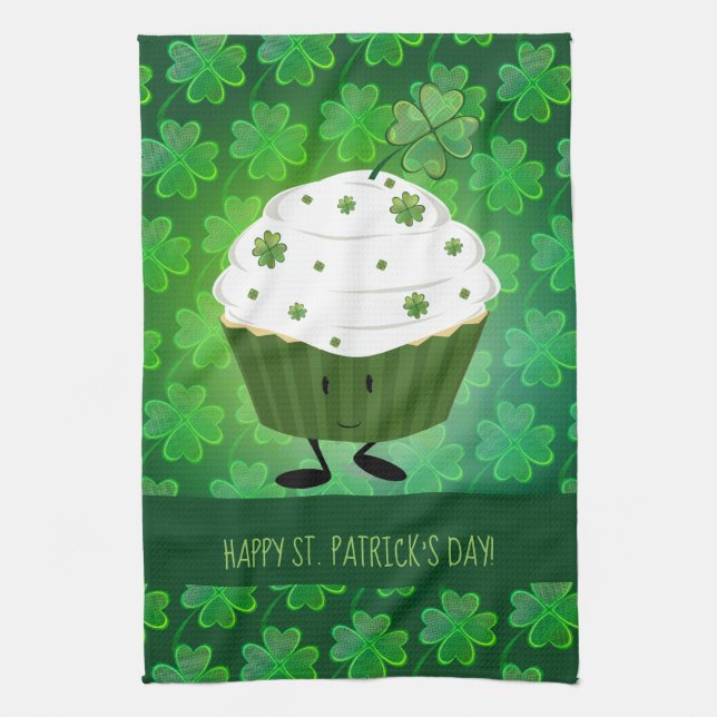 St. Patrick’s Day Green Cartoon Shamrock Tea Towel (Vertical)