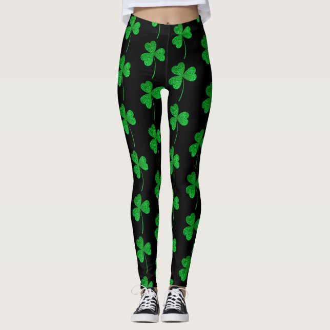St. Patrick’s Day Green Faux Glitter Shamrock Leggings (Front)