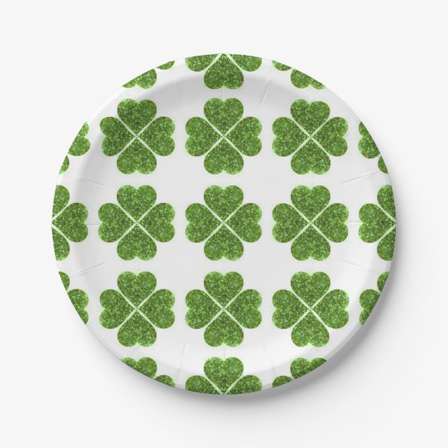 St. Patrick’s day, Irish green glittering clover Paper Plate (Front)