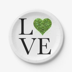 St. Patrick’s day   Love   green glittering heart Paper Plate