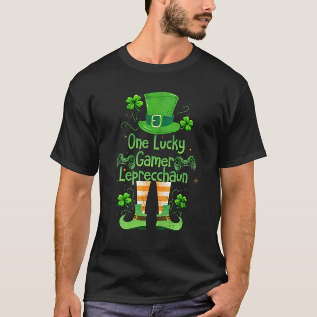 St Patrick’S Day One Lucky Gamer Leprecchaun Gamin T-Shirt (Front)