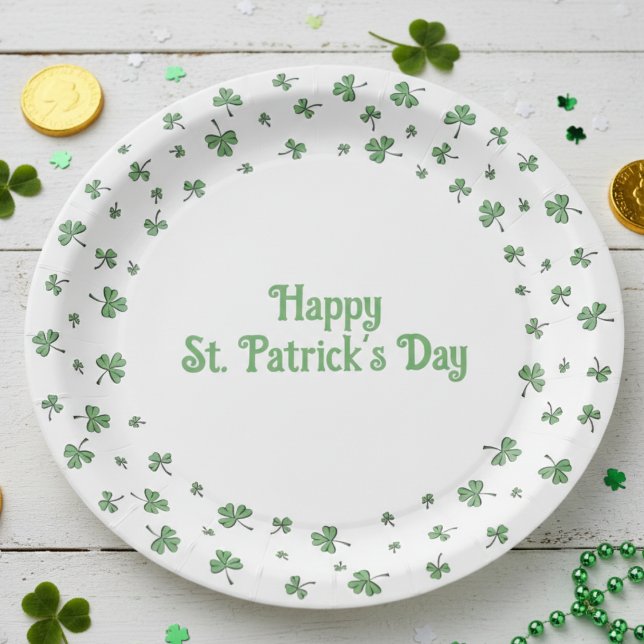 St. Patrick’s Day Shamrock Border Round Paper Plate (Happy St Patrick's Day Paper Plates. Elegant Hand Drawn Lucky Green Clover Border for Saint Patrck's)