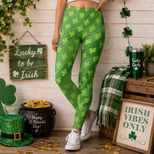 St Patrick`s Day Shamrock Green Pattern Leggings