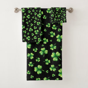 St. Patrick’s Day Watercolor Shamrock on black Bath Towel Set