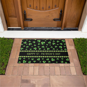 St. Patrick’s Day Watercolor Shamrock on black Doormat