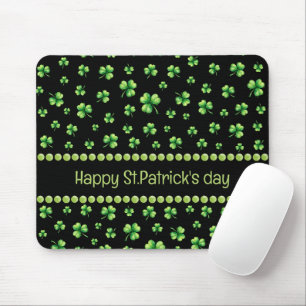 St. Patrick’s Day Watercolor Shamrock on black  Mouse Pad
