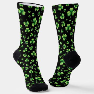 St. Patrick’s Day Watercolor Shamrock on black Socks