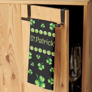 St. Patrick’s Day Watercolor Shamrock on black Tea Towel