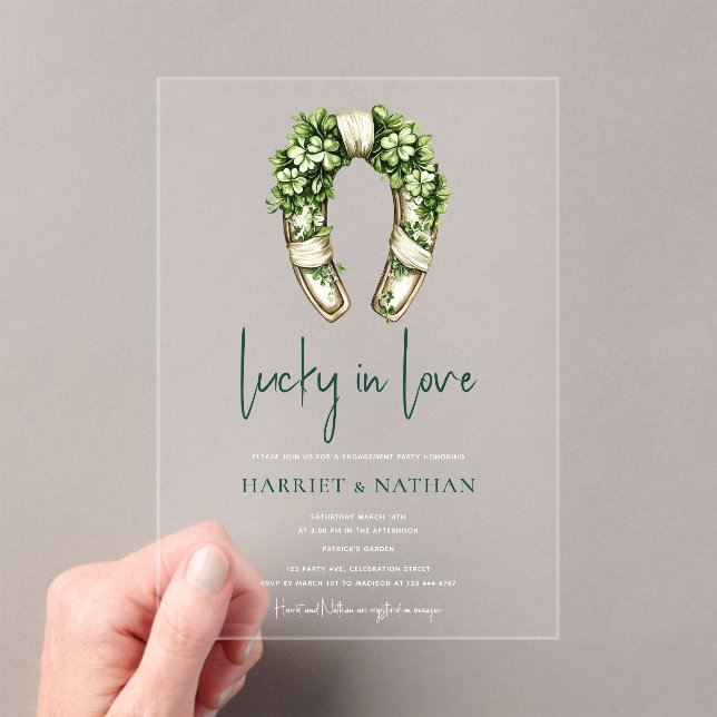 St Patrick’s Engagement Party Horseshoe Acrylic Invitations (Insitu (Handheld))