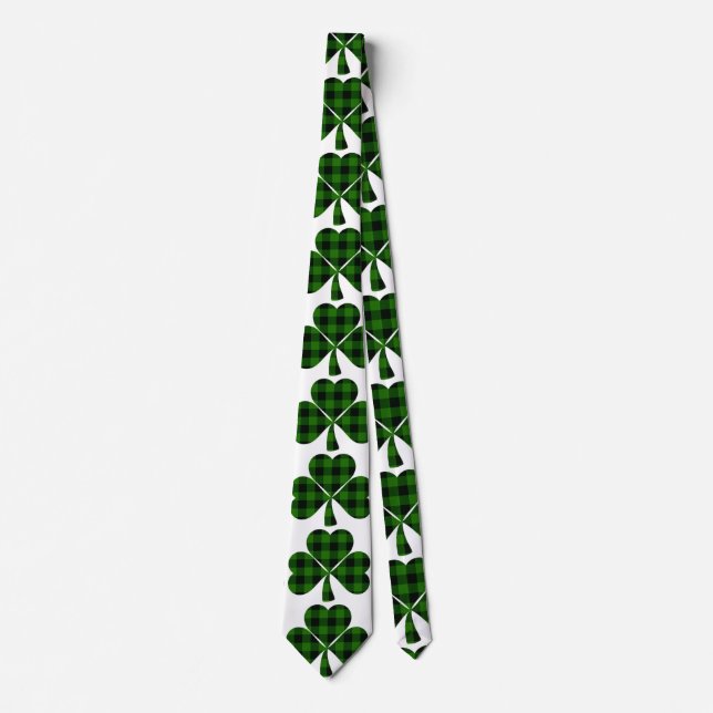 St. Patrick’s green clover black plaid shamrocks Tie (Front)