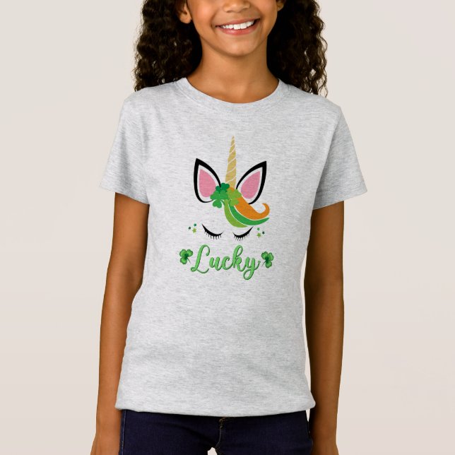 St Patrick Unicorn Lucky Green Clover Shamrock Fun T-Shirt (Front)