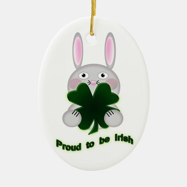 St. Patricks Bunny Proud to be Irish Shamrock Ceramic Tree Decoration (Front)