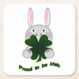 St. Patricks Bunny Proud to be Irish Shamrock Square Paper Coaster