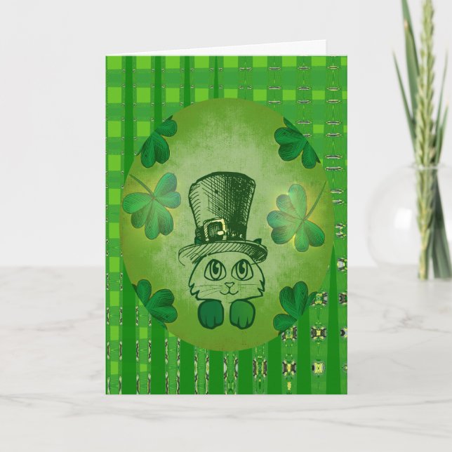 St. Patrick's Cat with Shamrocks Drawing Card (Front)