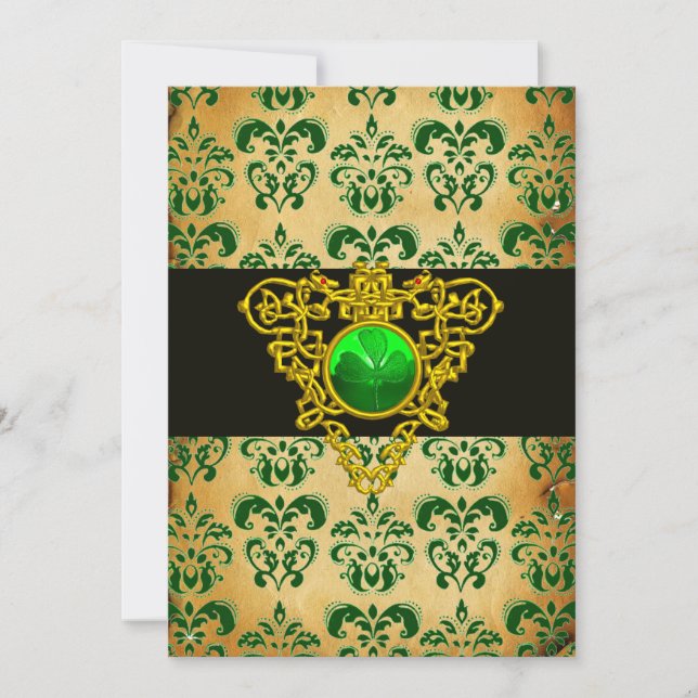 ST. PATRICK'S CELTIC HEART Green Damask Parchment Invitation (Front)