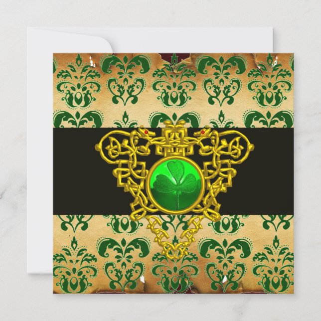 ST.PATRICK'S CELTIC HEART Green Damask Parchment Invitation (Front)
