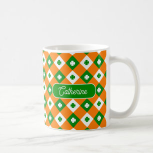 St Patrick's Clover Green Orange Plaid Name Coffee Mug